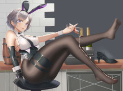Rule 34 | 1girl, animal ears, arm strap, ass, azur lane, bar (place), black leotard, black necktie, black pantyhose, breasts, cup, elbow gloves, fake animal ears, gloves, high heels, highleg, highleg leotard, highres, holding, holding cup, indoors, large breasts, leotard, leotard under clothes, looking at viewer, luoloo, mechanical hands, metal gloves, necktie, off-shoulder shirt, off shoulder, official alternate costume, pantyhose, parted hair, playboy bunny, pouring, pouring onto self, purple eyes, rabbit ears, reno (azur lane), reno (reno bunnino) (azur lane), see-through, see-through shirt, shirt, shoes, unworn shoes, side-tie leotard, single elbow glove, single mechanical hand, sitting, soles, solo, white necktie, wrist cuffs