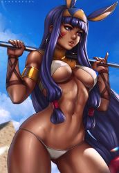 Rule 34 | 1girl, abs, animal ears, armlet, blunt bangs, blush, bracelet, breasts, cameltoe, cowboy shot, dandon fuga, dark-skinned female, dark skin, earrings, egyptian, egyptian clothes, facial mark, fate/grand order, fate (series), hair tubes, hairband, holding, holding weapon, hoop earrings, jewelry, lips, long hair, looking to the side, medium breasts, muscular, navel, nitocris (fate), parted lips, pinky out, purple eyes, purple hair, rabbit ears, shiny skin, sidelocks, solo, standing, underboob, very long hair, weapon