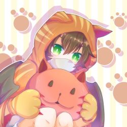 Rule 34 | animal ears, animal hood, brown hair, cat ears, cat hood, claws, gloves, green eyes, highres, holding, hood, ibushi gin, kimi ga shine, looking at viewer, mask, nyaa-chan (kimi ga shine), mikotocchi 774, paw print, short hair, solo, solo focus, striped, stuffed toy, whiskers, wings