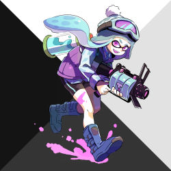 Rule 34 | .52 gal (splatoon), 1girl, absurdres, aqua hair, bike shorts, black shorts, blue footwear, blue shirt, bobblehat, boots, collared shirt, colored tongue, commentary, fang, full body, goggles, goggles on headwear, green headwear, highres, holding, holding weapon, ink tank (splatoon), inkling, inkling girl, inkling player character, jacket, leaning forward, long sleeves, looking at viewer, meco, nintendo, open mouth, paint splatter, purple eyes, purple jacket, purple tongue, running, shirt, shorts, single vertical stripe, sleeveless, sleeveless jacket, smile, solo, splatoon (series), splatoon 1, standing, tentacle hair, weapon