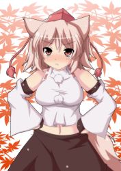 Rule 34 | 1girl, :t, animal ears, bare shoulders, blush, breasts, detached sleeves, female focus, grey hair, hands on own hips, hat, inubashiri momiji, masiromu, midriff, navel, pink hair, pout, red eyes, short hair, skirt, solo, tail, tears, tokin hat, touhou, wolf ears, wolf tail