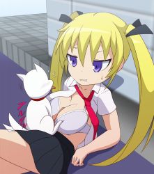Rule 34 | 1girl, bestiality, black skirt, blonde hair, blue eyes, blush, bra, breasts, cleavage, clenched teeth, dog, hair ornament, hair ribbon, highres, kill me baby, large breasts, long hair, necktie, open clothes, paizuri, paizuri over clothes, parted lips, penis, red neckwear, ribbon, shiny skin, shirt, skirt, sonya (kill me baby), sweat, sweatdrop, tail, tail wagging, teeth, twintails, underwear, uwa~a, white bra, white shirt