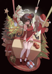 1girl apple bare_shoulders bell black_footwear black_hair blue_archive blush bow box braid braided_bun breasts christmas_tree double_bun dress elbow_gloves food fruit gift gift_box gloves grey_eyes hair_bow hair_bun halo highres jingle_bell ke&#039;ai_qu_qu kisaki_(blue_archive) long_hair looking_at_viewer open_mouth pelvic_curtain red_dress red_gloves short_dress side_slit sitting small_breasts solo thighhighs twintails white_thighhighs