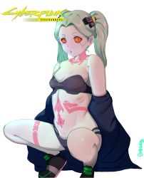 Rule 34 | 1girl, artificial eye, artist name, bare shoulders, black bra, black panties, bra, breasts, cleavage, cyberpunk (series), cyberpunk edgerunners, cyborg, female focus, full body, green hair, highres, knees, long hair, looking at viewer, mechanical arms, midriff, mrhunking, navel, off shoulder, panties, petite, pink tattoo, rebecca (cyberpunk), red eyes, samurai jacket (cyberpunk), self-upload, simple background, small breasts, solo, squatting, stomach, stomach tattoo, tattoo, thighs, twintails, underwear, white background
