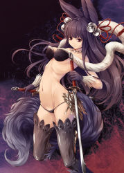 Rule 34 | 10s, 1girl, animal ears, arched back, bell, brown hair, dual wielding, erune, fur, fur trim, granblue fantasy, groin, hair bell, hair ornament, holding, jewelry, jingle bell, kirishima satoshi, long hair, navel, necklace, panties, solo, sword, tail, thighhighs, underwear, weapon, yuel (granblue fantasy)