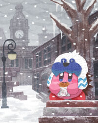 Rule 34 | bare tree, blue eyes, blush stickers, city, closed mouth, cloud, cloudy sky, copy ability, eating, food, frosty ice kirby, highres, icicle, kirby, kirby (series), kirby and the forgotten land, miclot, nintendo, no humans, outdoors, pink footwear, scenery, shoes, sky, smile, snow, snowing, taiyaki, tree, wagashi, white headwear, winter