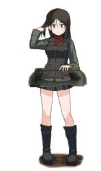 Rule 34 | 1girl, bad id, bad twitter id, black footwear, black hair, black skirt, black vest, blue eyes, boots, closed mouth, commentary, frown, full body, gaditava, girls und panzer, green jacket, hand in own hair, insignia, jacket, long hair, long sleeves, looking at viewer, military, military uniform, miniskirt, nonna (girls und panzer), pleated skirt, pravda military uniform, red shirt, shirt, simple background, skirt, solo, standing, swept bangs, tank cupola, turtleneck, uniform, vest, white background, x-ray