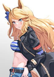 Rule 34 | 1girl, absurdres, animal ears, bandeau, belt, black belt, black jacket, blonde hair, blue bow, blue eyes, blush, bow, breasts, chain, commentary, cowboy shot, denim, denim shorts, ear bow, ear ornament, floating hair, gold chain, gold city (umamusume), groin, highres, horse ears, horse girl, horse tail, jacket, kento (kentdrawing), long hair, long sleeves, looking at viewer, midriff, navel, open clothes, open jacket, parted lips, shorts, sidelocks, simple background, solo, standing, striped bandeau, swept bangs, tail, umamusume, white background