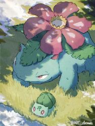 Rule 34 | arc draws, bright pupils, bulbasaur, creatures (company), day, fang, fang out, game freak, gen 1 pokemon, grass, highres, looking up, nintendo, no humans, outdoors, pokemon, pokemon (creature), red eyes, smile, twitter username, venusaur, watermark, white pupils