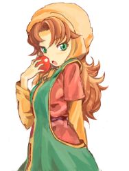 Rule 34 | 1girl, blush, curly hair, dragon quest, dragon quest vii, green eyes, hat, hood, kimotohiroki, long hair, looking at viewer, maribel (dq7), open mouth, red hair, simple background, solo