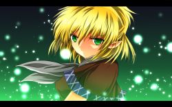 Rule 34 | 1girl, :o, ascot, bad id, bad pixiv id, blonde hair, blouse, female focus, gradient background, green background, green eyes, head tilt, highres, letterboxed, light particles, looking at viewer, mizuhashi parsee, nekominase, pointy ears, shirt, short hair, solo, touhou, tsurime, upper body, wind, wind lift