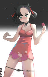 Rule 34 | 1girl, absurdres, asymmetrical bangs, ayan (ayanart), black choker, black hair, black panties, blush, breasts, choker, cleavage, closed mouth, collarbone, commentary request, condom, condom wrapper, creatures (company), dress, eyelashes, game freak, green eyes, hair ribbon, hands up, heart, heart-shaped pupils, highres, holding, holding condom, legs apart, looking at viewer, marnie (pokemon), nintendo, panties, panty pull, pokemon, pokemon swsh, pussy, pussy juice, red ribbon, ribbon, sweatdrop, symbol-shaped pupils, torn clothes, torn dress, twintails, underwear