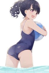 Rule 34 | 1girl, ass, ball, balloon, black hair, blue one-piece swimsuit, competition school swimsuit, female focus, from behind, from side, fukumaru koito, happy, highres, hiroki (yyqw7151), holding, holding ball, holding balloon, idolmaster, idolmaster shiny colors, in water, looking at another, one-piece swimsuit, parted bangs, ponytail, purple eyes, school swimsuit, simple background, solo, swimsuit, thighs, wading, wavy hair, wet, white background