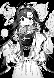 Rule 34 | 1girl, bow, cowboy shot, dress, eating, gloves, greyscale, gyeol 124, hair bow, hair intakes, hair ornament, hairband, highres, horror (theme), long hair, long sleeves, looking at viewer, monochrome, parted lips, planet, reverse:1999, solo, star (sky), star (symbol), star hair ornament, voyager (reverse:1999)