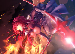 Rule 34 | 1girl, blurry, bodysuit, breasts, depth of field, dual wielding, dutch angle, embers, fate/grand order, fate (series), from side, gun, highres, holding, kokutou, large breasts, leaning forward, lens flare, long hair, open mouth, polearm, purple hair, red eyes, scathach (fate), scathach (fate), solo, spear, thighs, waist cape, weapon
