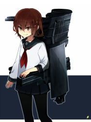 Rule 34 | 10s, 1girl, annin musou, bad id, bad pixiv id, brown eyes, brown hair, cannon, grin, hair ornament, hairclip, highres, ikazuchi (kancolle), kantai collection, lightning bolt symbol, neckerchief, pantyhose, pleated skirt, red neckerchief, rigging, short hair, skirt, smile, solo
