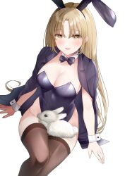 Rule 34 | 1girl, animal, animal ears, animal on lap, black bow, black bowtie, black hairband, black jacket, black leotard, black thighhighs, blonde hair, bow, bowtie, breasts, brown eyes, brown thighhighs, bunny day, choppy bangs, cleavage, detached collar, fake animal ears, groin, hairband, highleg, highleg leotard, highres, invisible chair, jacket, jacket on shoulders, kurage cc, large breasts, leotard, light blush, light brown hair, long hair, looking at viewer, nervous smile, nijisanji, on lap, open clothes, open jacket, parted bangs, parted hair, parted lips, playboy bunny, rabbit, rabbit ears, sister claire, sitting, smile, solo, straight hair, strapless, strapless leotard, thighhighs, very long hair, virtual youtuber, white background, wing collar, wrist cuffs, yellow eyes