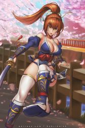 Rule 34 | 1girl, angry, architecture, breasts, bridge, cherry blossoms, cleavage, dead or alive, east asian architecture, hair between eyes, hybridmink, kasumi (doa), kunai, large breasts, long hair, ninja, pelvic curtain, shin guards, sleeveless, sword, thighhighs, thighs, water, weapon, white thighhighs