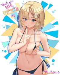 Rule 34 | 1girl, absurdres, bare shoulders, bikini, black bikini, blonde hair, blue eyes, blush, breast lift, breasts, cleavage, collarbone, commentary, danfer3, english commentary, hair ornament, highres, hololive, hololive english, index finger raised, instagram logo, large breasts, looking at viewer, milestone celebration, mixed-language commentary, navel, smile, solo, spanish commentary, string bikini, swimsuit, thank you, virtual youtuber, watson amelia