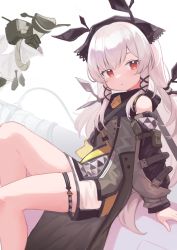 Rule 34 | 1girl, absurdres, arknights, bare shoulders, commentary, detached sleeves, highres, klaius, long hair, long sleeves, looking at viewer, red eyes, simple background, sitting, solo, thigh strap, thighs, very long hair, weedy (arknights), white background, white hair