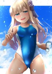 Rule 34 | 1girl, aqua eyes, bare shoulders, blonde hair, blue one-piece swimsuit, blue sky, blush, breasts, collarbone, competition swimsuit, covered navel, fate/grand order, fate (series), flower, grey flower, hair flower, hair ornament, highleg, highleg swimsuit, highres, kuro yanagi, long hair, looking at viewer, lord el-melloi ii case files, one-piece swimsuit, open mouth, reines el-melloi archisorte, sky, small breasts, smile, swimsuit, thighs