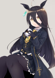 Rule 34 | 1girl, ahoge, animal ears, black choker, black gloves, black hair, black jacket, black pantyhose, black shirt, black skirt, blush, brown eyes, choker, collared shirt, commentary request, cup, feet out of frame, gloves, grey background, hair between eyes, highres, holding, holding cup, horse ears, jacket, knees together feet apart, long hair, long sleeves, looking at viewer, manhattan cafe (umamusume), mug, necktie, open clothes, open jacket, pantyhose, parted lips, pleated skirt, rennkuu, shirt, simple background, sitting, skirt, solo, star (symbol), umamusume, very long hair, yellow necktie