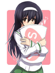 Rule 34 | 1girl, black hair, blouse, blush, brown eyes, commentary request, girls und panzer, green skirt, hairband, heart, holding, holding pillow, long hair, long sleeves, looking at viewer, nanjou satoshi, one-hour drawing challenge, ooarai school uniform, pillow, pleated skirt, reizei mako, school uniform, serafuku, shirt, skirt, solo, standing, white hairband, white shirt, yes-no pillow