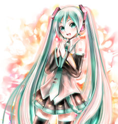 Rule 34 | 1girl, bad id, bad pixiv id, detached sleeves, green eyes, green hair, hatsune miku, headset, long hair, matching hair/eyes, necktie, open mouth, rara (20rupi3), skirt, solo, thighhighs, twintails, very long hair, vocaloid