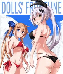 Rule 34 | 2girls, arm at side, arm under breasts, ass, back, bikini, black bikini, black ribbon, blue eyes, blue ribbon, blue sky, breasts, butt crack, cloud, copyright name, cowboy shot, day, embarrassed, eyebrows, eyelashes, fal (fal&#039;s summer) (girls&#039; frontline), fal (girls&#039; frontline), female focus, fingernails, five-seven (cruise queen) (girls&#039; frontline), five-seven (girls&#039; frontline), from behind, from below, girls&#039; frontline, grey hair, hair ribbon, hand on own arm, hand up, large breasts, light brown hair, long hair, looking at viewer, looking back, multiple girls, niceratus kiotensis, official alternate costume, outdoors, ponytail, red bikini, ribbon, side ponytail, sky, standing, surprised, swimsuit, tight clothes, very long hair, yellow eyes