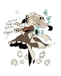 Rule 34 | 1girl, 2021, apron, bloody marie (skullgirls), brooch, closed eyes, dress, fire, frilled apron, frills, full body, grey hair, hair ornament, highres, instrument, jewelry, maid headdress, music, pantyhose, playing instrument, skull hair ornament, skullgirls, smile, solo, twintails, violin, white background, yamada9000