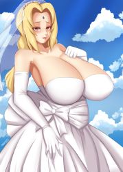 Rule 34 | 1girl, absurdres, armpits, backless dress, backless outfit, bare shoulders, blonde hair, blue sky, blush, breasts, bridal gauntlets, bridal veil, bride, cleavage, cloud, cloudy sky, collarbone, detached sleeves, dress, elbow gloves, facial mark, female focus, forehead, furrowed brow, gloves, hair intakes, hand on own chest, hand up, highres, huge breasts, long hair, looking at viewer, morris1611, naruto, naruto (series), parted lips, ribbon, sky, solo, strapless, strapless dress, tsunade (naruto), veil, veil lift, wedding dress, white gloves, white ribbon