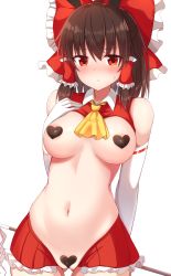 Rule 34 | 1girl, absurdres, ascot, bare shoulders, blush, bow, breasts, brown hair, commentary request, cowboy shot, elbow gloves, gloves, gluteal fold, gohei, hair bow, hair tubes, hakurei reimu, heart pasties, highres, large breasts, long hair, looking at viewer, meme attire, miniskirt, navel, partially visible vulva, pasties, red bow, red eyes, red skirt, revealing clothes, reverse bunnysuit, reverse outfit, revision, shide, sidelocks, simple background, skirt, solo, stomach, sweat, tksand, touhou, white background, white gloves, yellow ascot