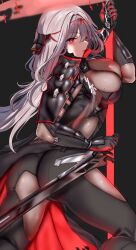 Rule 34 | 1girl, absurdres, armor, artist request, ass, blush, bodysuit, breasts, from behind, gloves, goddess of victory: nikke, hair ribbon, highres, large breasts, long hair, looking at viewer, mole, mole on ass, mole on breast, red eyes, ribbon, scarlet (black shadow) (nikke), scarlet (nikke), sideboob, solo, sword, very long hair, weapon, white hair