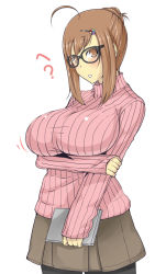Rule 34 | 1girl, ?, arm under breasts, black pantyhose, breasts, brown hair, brown skirt, glasses, huge breasts, komusou (jinrikisha), looking at viewer, miniskirt, ooba minori, original, pantyhose, pleated skirt, shirt, simple background, skirt, solo, standing, sweater, taut clothes, taut shirt, white background
