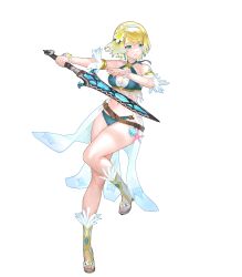Rule 34 | 1girl, belt, bikini, blonde hair, blue eyes, blue hair, bracelet, breasts, cleavage, collarbone, criss-cross halter, earrings, feather trim, fire emblem, fire emblem heroes, fjorm (fire emblem), flower, full body, gradient clothes, gradient hair, hair flower, hair ornament, hairband, halterneck, highres, holding, holding sword, holding weapon, jewelry, leg up, maeshima shigeki, medium breasts, multicolored hair, navel, nintendo, non-web source, official art, parted lips, seashell, shell, short hair, solo, starfish, stomach, swimsuit, sword, thighs, toeless footwear, toes, transparent background, weapon
