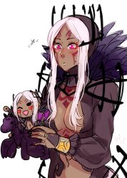 Rule 34 | 1girl, absurdres, aversa (fire emblem), blush, bracelet, breasts, bridal gauntlets, character doll, cleavage, closed mouth, dark skin, dark-skinned female, dated, doll, facial mark, feathers, fire emblem, fire emblem awakening, highres, holding, holding doll, jewelry, large breasts, long hair, long sleeves, medium breasts, nail polish, nintendo, red eyes, reriri, signature, silver hair, simple background, solo, white background
