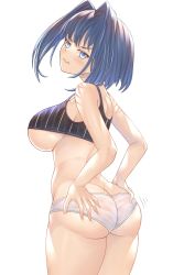 Rule 34 | 1girl, absurdres, ass, ass grab, bare shoulders, blue eyes, blue hair, blush, breasts, butt crack, cowboy shot, cropped shirt, hair intakes, highres, hololive, hololive english, honkivampy, large breasts, looking at viewer, ouro kronii, short hair, solo, thighs, underboob, underwear, virtual youtuber, white background
