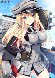 Rule 34 | 10s, 1girl, bismarck (kancolle), blonde hair, blue eyes, breasts, brown gloves, cannon, detached sleeves, gloves, hand on own hip, hat, kantai collection, large breasts, long hair, looking at viewer, military, military uniform, peaked cap, personification, revision, sayori (neko works), solo, thighhighs, uniform
