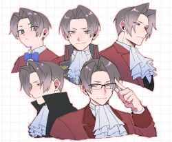 Rule 34 | 1boy, ace attorney, ascot, blue bow, blue bowtie, blush, bow, bowtie, closed mouth, collared shirt, cropped shoulders, cropped torso, glasses, grey eyes, grey hair, highres, jacket, male focus, miles edgeworth, multiple views, nasu dango, red jacket, shirt, simple background, upper body, white ascot