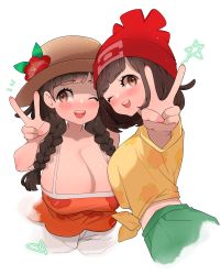 Rule 34 | 2girls, ;d, absurdres, alternate breast size, bare shoulders, beanie, blush, braid, breasts, brown eyes, brown hair, brown headwear, cleavage, commentary, creatures (company), dual persona, english commentary, floral print, flower, game freak, green shorts, hat, hat flower, hibiscus, highres, large breasts, long hair, looking at viewer, midriff, multiple girls, navel, nintendo, official alternate costume, one eye closed, open mouth, pokemon, pokemon sm, pokemon usum, red flower, red headwear, selene (pokemon), shirt, short hair, shorts, skirt, smile, split mouth, star (symbol), sumisumii, sun hat, teeth, tied shirt, tongue, twin braids, upper teeth only, v, yellow shirt