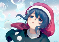 Rule 34 | 1girl, absurdres, ainy, bad id, bad twitter id, blue eyes, blue hair, bubble, commentary, doremy sweet, floating clothes, floating hair, from above, hat, highres, looking up, one-hour drawing challenge, sky, solo, touhou, turtleneck