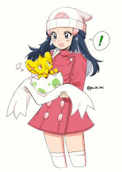 Rule 34 | !, 1girl, :o, absurdres, alternate color, beanie, black hair, buttons, coat, commentary request, creatures (company), dawn (pokemon), egg, eggshell, game freak, gen 4 pokemon, grey eyes, hair ornament, hairclip, hat, hatching, highres, holding, holding clothes, holding scarf, long hair, long sleeves, nintendo, open mouth, pachiko (norazaemon38), poke ball print, pokemon, pokemon dppt, scarf, shinx, shiny pokemon, spoken exclamation mark, surprised, thighhighs, unworn scarf, white headwear, white thighhighs