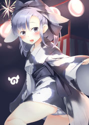 Rule 34 | 10s, 1girl, :d, absurdres, black ribbon, blush, character request, commentary request, festival, fins, fireworks, grey eyes, grey hair, hair ribbon, head fins, highres, japanese clothes, japari symbol, kanzakietc, kemono friends, kimono, long hair, long sleeves, open mouth, panties, pantyshot, plaid, plaid panties, ponytail, ribbon, smile, solo, underwear, wide sleeves