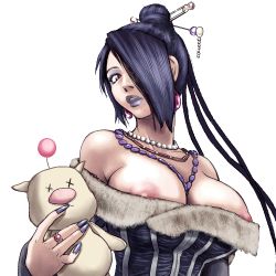 Rule 34 | 00s, 1girl, animated, animated gif, artist request, black hair, blinking, breasts, dress, earrings, eyeshadow, final fantasy, final fantasy x, fur, hair ornament, hair over one eye, jewelry, large breasts, lipstick, long hair, lowres, lulu (ff10), makeup, moogle, nail polish, necklace, nipple slip, nipples, open mouth, pink eyes, purple nails, ring, solo, square enix, strapless, strapless dress