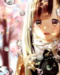 Rule 34 | 1girl, :d, artist name, blurry, blush, bokeh, brown eyes, brown hair, bubble, camera, commentary, depth of field, highres, holding, holding camera, long hair, looking at viewer, open mouth, original, outdoors, scarf, smile, solo, tareme, upper body, water drop, white scarf, yuzua