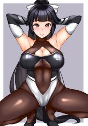 Rule 34 | 1girl, azur lane, bad id, bad twitter id, bare shoulders, black hair, black pantyhose, bodystocking, border, bow, breasts, brown eyes, cleavage, cleavage cutout, clothing cutout, elbow gloves, gloves, grey background, hair bow, hair flaps, highres, large breasts, leotard, logo, long hair, looking at viewer, muta poo, pantyhose, ponytail, race queen, solo, squatting, takao (azur lane), takao (full throttle charmer) (azur lane), two-tone background, two-tone leotard, white border, white bow