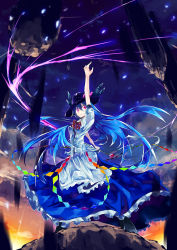 1girl bad_id bad_pixiv_id blue_hair dress female_focus food fruit geokinesis hat hinanawi_tenshi light_trail long_hair peach rock shihara_yoshihito sinana solo sword sword_of_hisou touhou weapon