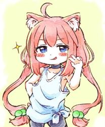 Rule 34 | 1girl, ahoge, animal ear fluff, animal ears, arm up, bike shorts, black shorts, blue eyes, blush stickers, cat ears, choker, hair bobbles, hair ornament, hand on own hip, hinata channel, long hair, low twintails, natsu no mi, nekomiya hinata, pink hair, shorts, simple background, smile, solo, tank top, twintails, v, very long hair, virtual youtuber, white tank top, yellow background