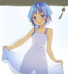 Rule 34 | 10s, 1girl, :d, alternate costume, bare arms, blue eyes, blue hair, blush, commentary, cowboy shot, dated, dress, kangoku kou, kantai collection, looking at viewer, minazuki (kancolle), open mouth, see-through silhouette, short hair, short hair with long locks, skirt hold, smile, solo, sundress, twitter username, white dress, wind chime