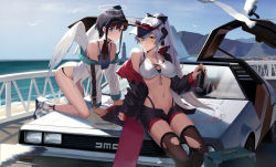 Rule 34 | 2girls, absurdres, all fours, angel wings, ass, bare shoulders, bikini, bird, black bikini, black bow, black hair, black headwear, black jacket, black legwear, black shorts, blue eyes, blue sky, bow, box, breasts, can, car, cleavage, commentary request, day, delorean, demon girl, demon horns, drink can, earrings, eyewear on head, gullwing doors, hair bow, halo, highres, holding, holding can, horns, jacket, jewelry, large breasts, long hair, long sleeves, medium breasts, mismatched bikini, mixed-language commentary, motor vehicle, multiple girls, navel, nori tamahana, ocean, off shoulder, open clothes, open fly, open jacket, open shorts, original, outdoors, red-framed eyewear, short hair, shorts, sidelocks, silver hair, single bare shoulder, sky, soda can, stomach, sunglasses, swimsuit, thighhighs, thong, torn clothes, torn legwear, very long hair, visor cap, water, white bikini, white footwear, white jacket, white wings, wings, yellow eyes